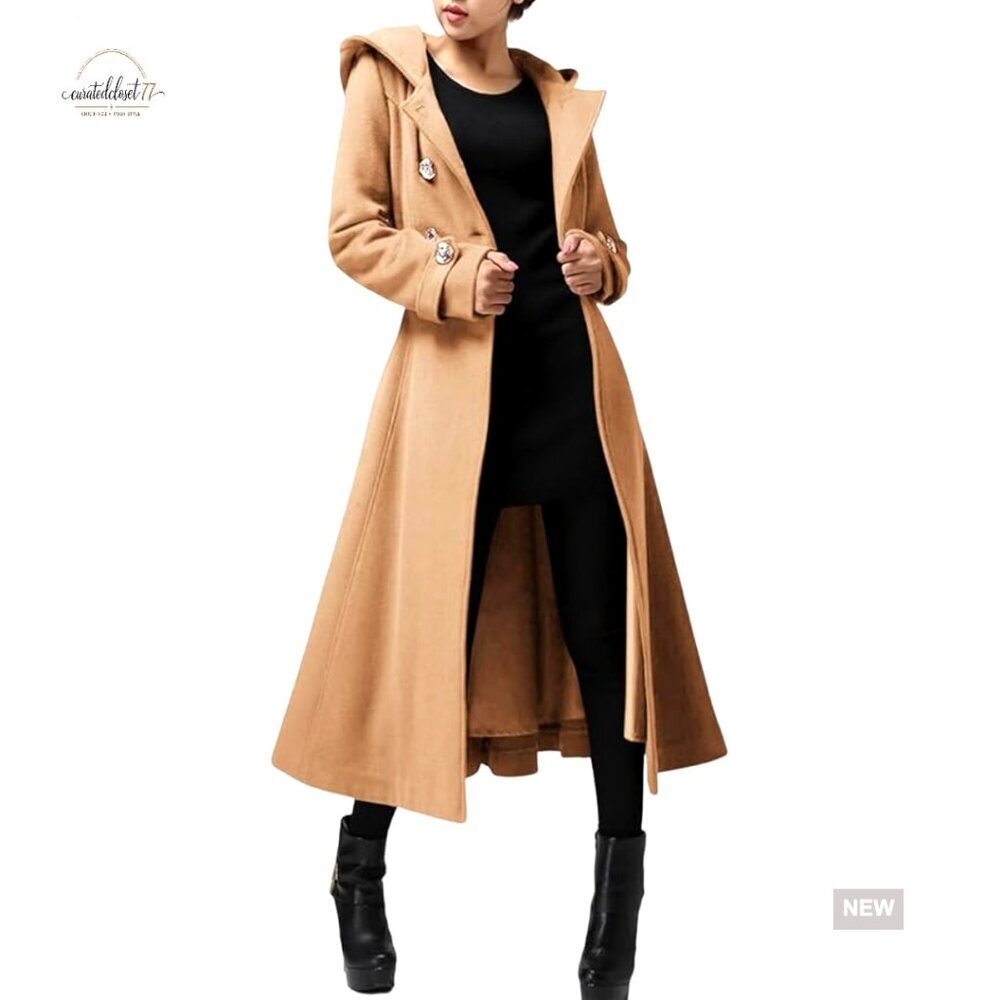 Long Double-Breasted Wool Trench Coat with Hood and Belt